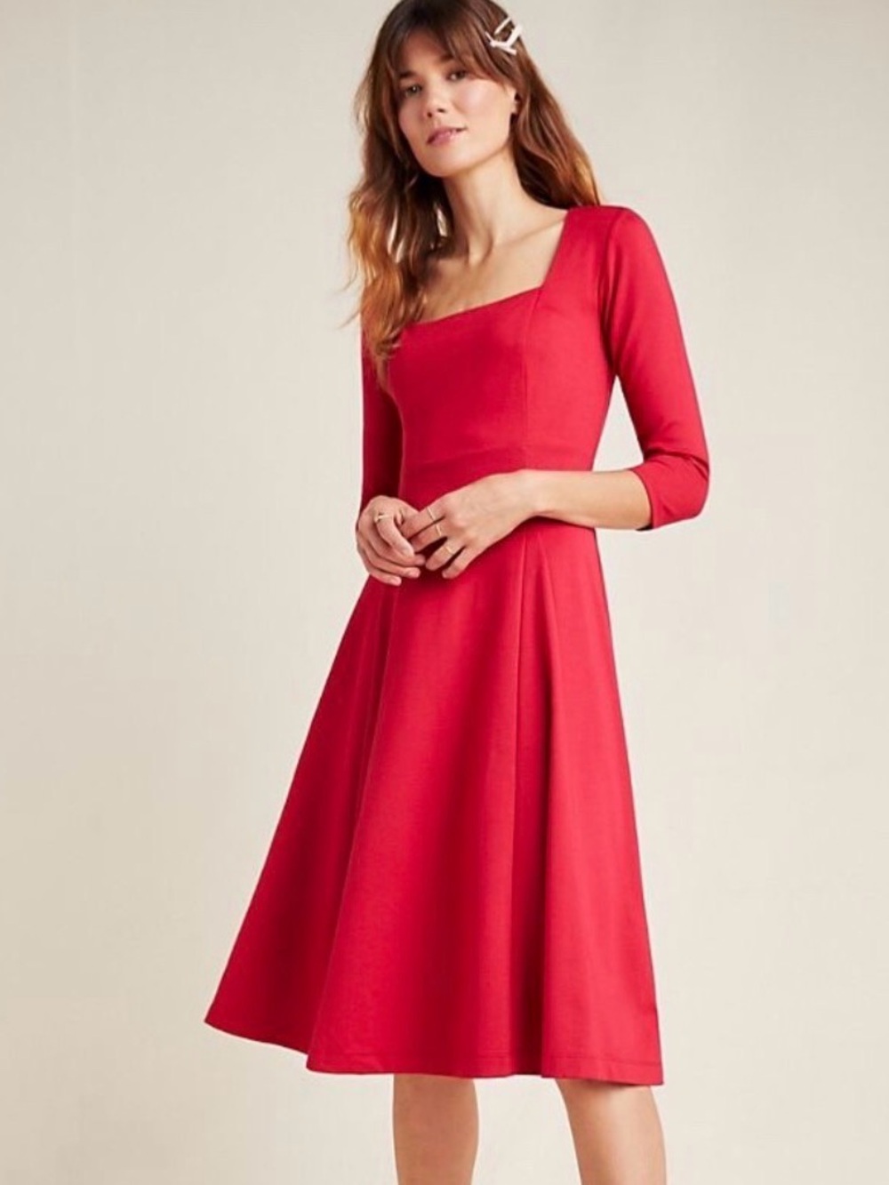 NWT Maeve by Anthropologie Jocelyn Midi Dress Square Neck Red XS